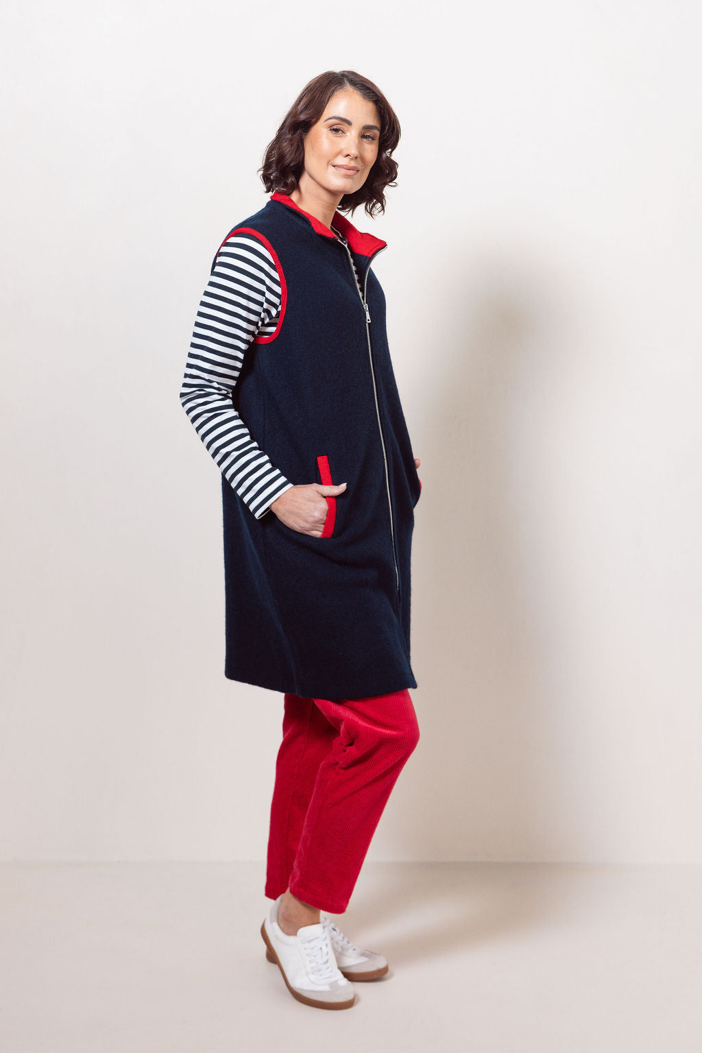 See Saw Long Line Colour Trim Zip Vest - Navy/Red