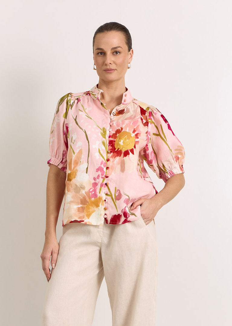Adorne Lilian Linen Top - Cotswolds Print