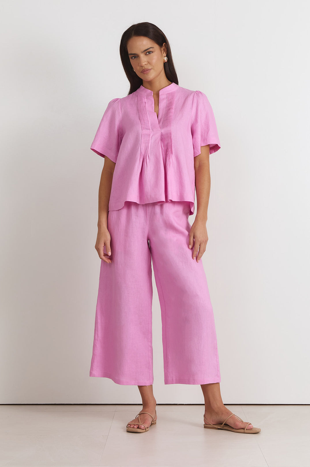 Adorne Percy Pleated Linen Top - Pink