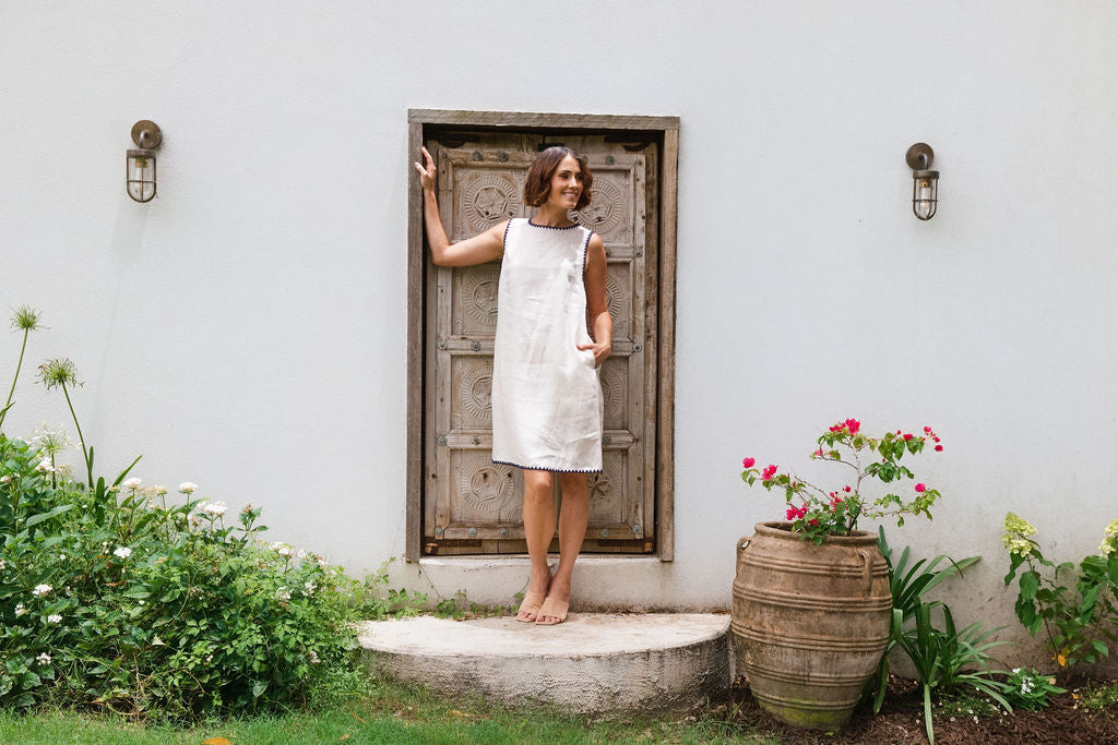 See Saw Sleeveless Shift Dress - Flax/Navy Embroidery