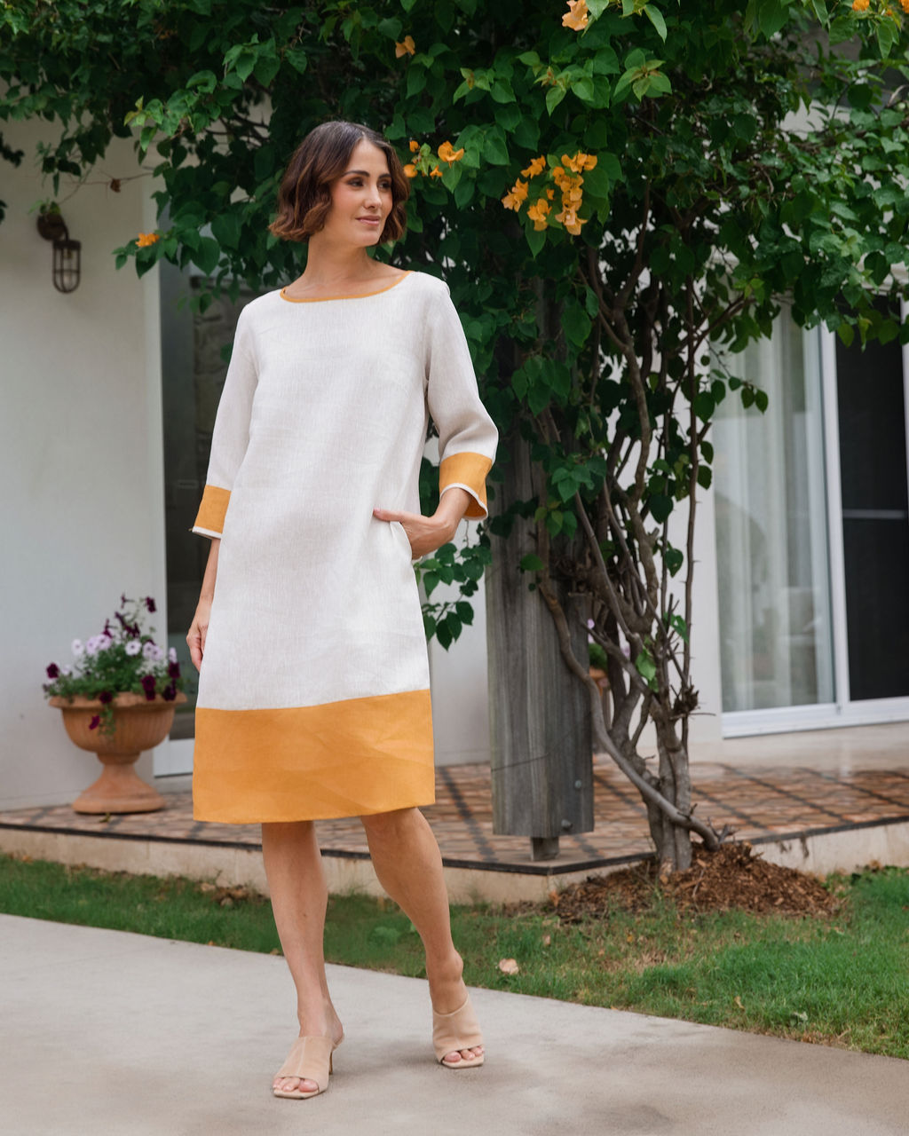 See Saw Spliced 3/4 Sleeve Dress - Natural/Marigold Trim