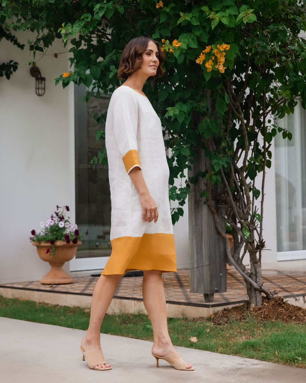 See Saw Spliced 3/4 Sleeve Dress - Natural/Marigold Trim