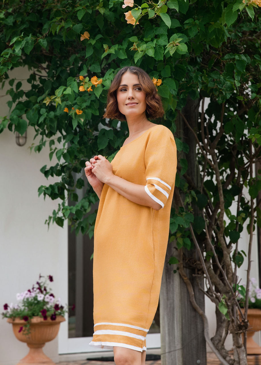 See Saw Short Sleeve Spliced Dress - Marigold/White