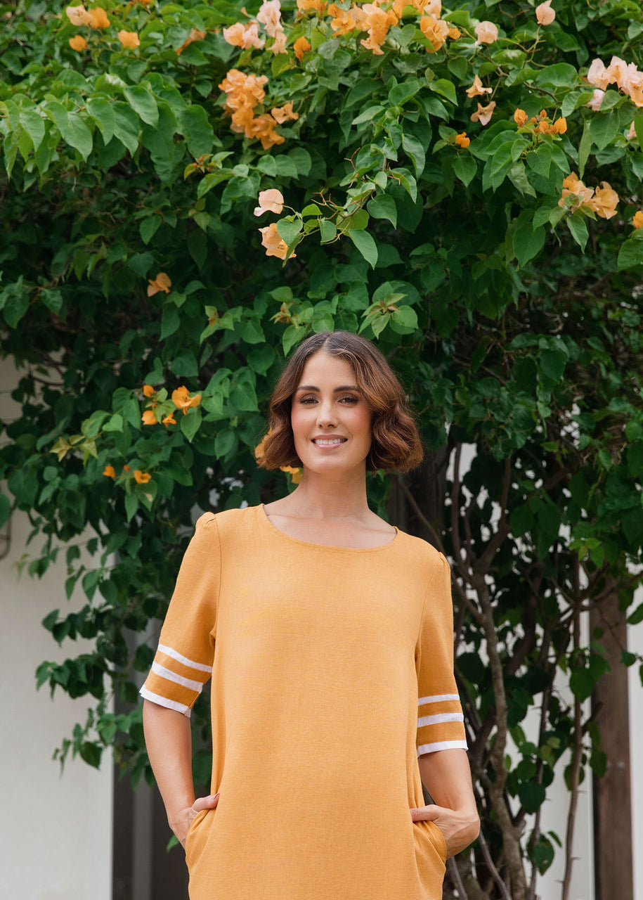 See Saw Short Sleeve Spliced Dress - Marigold/White