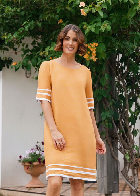 See Saw Short Sleeve Spliced Dress - Marigold/White