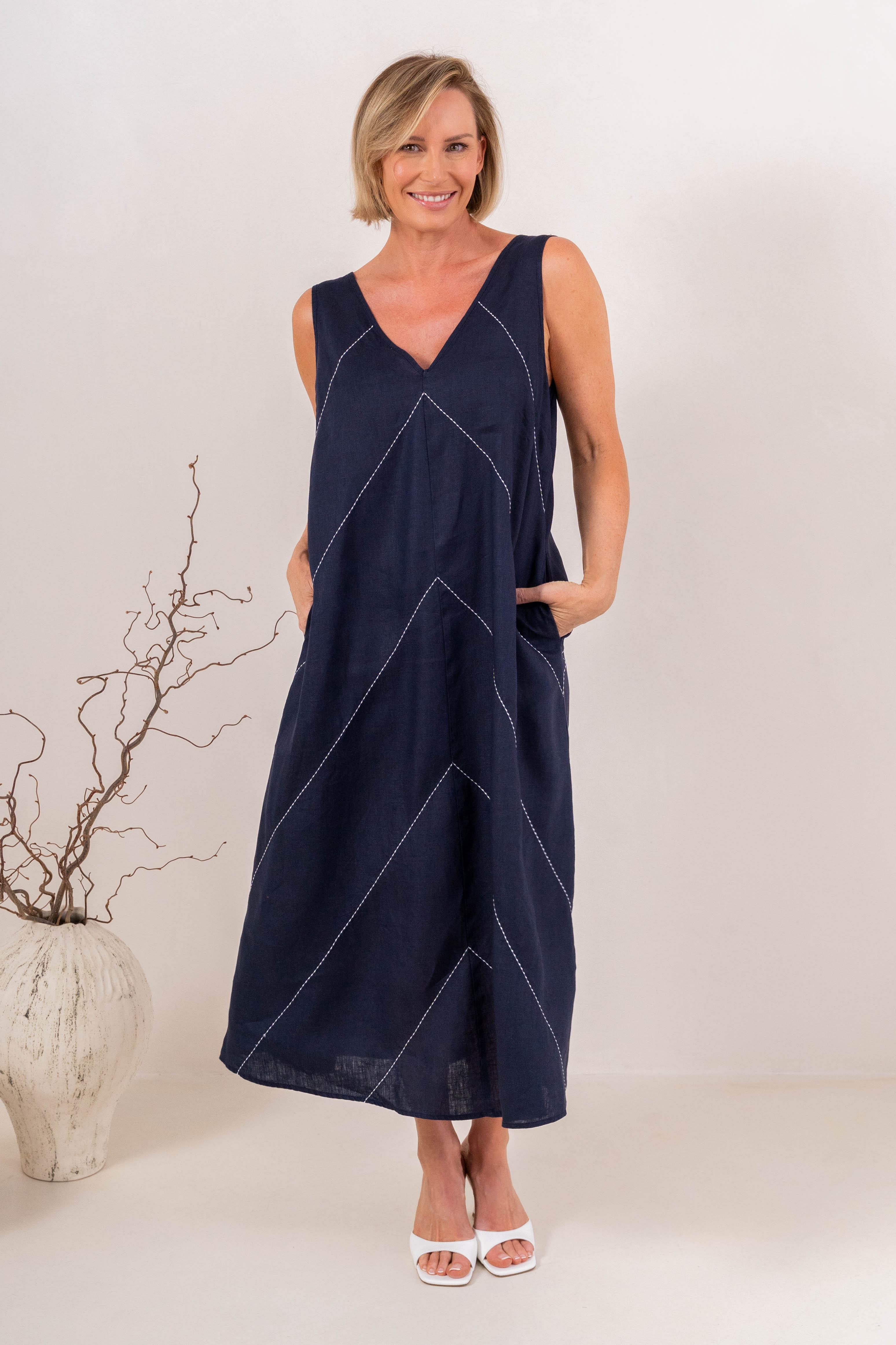 See Saw Sleeveless Embrdoiery Stitch Dress - Navy/White Stitch