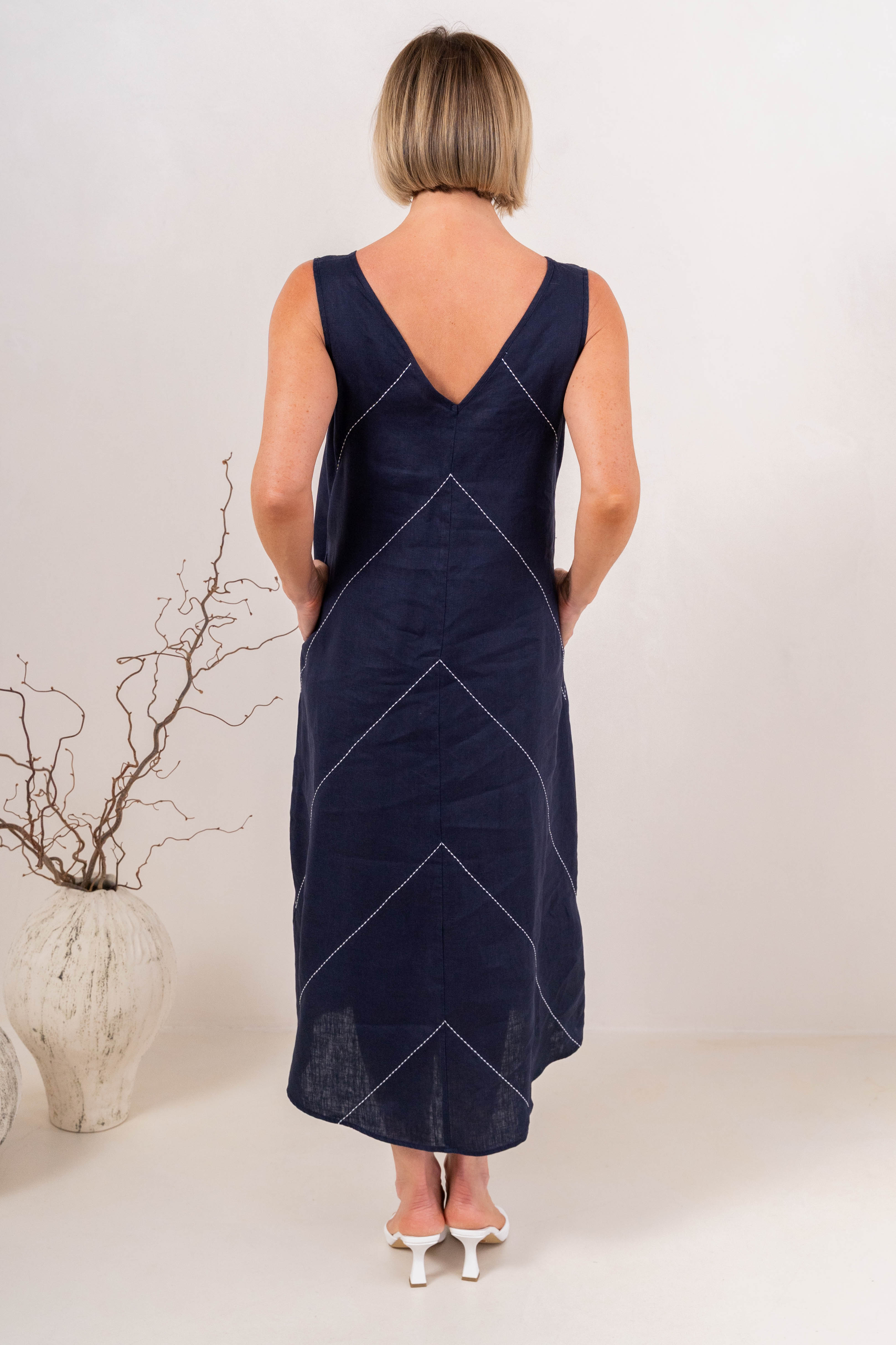 See Saw Sleeveless Embrdoiery Stitch Dress - Navy/White Stitch