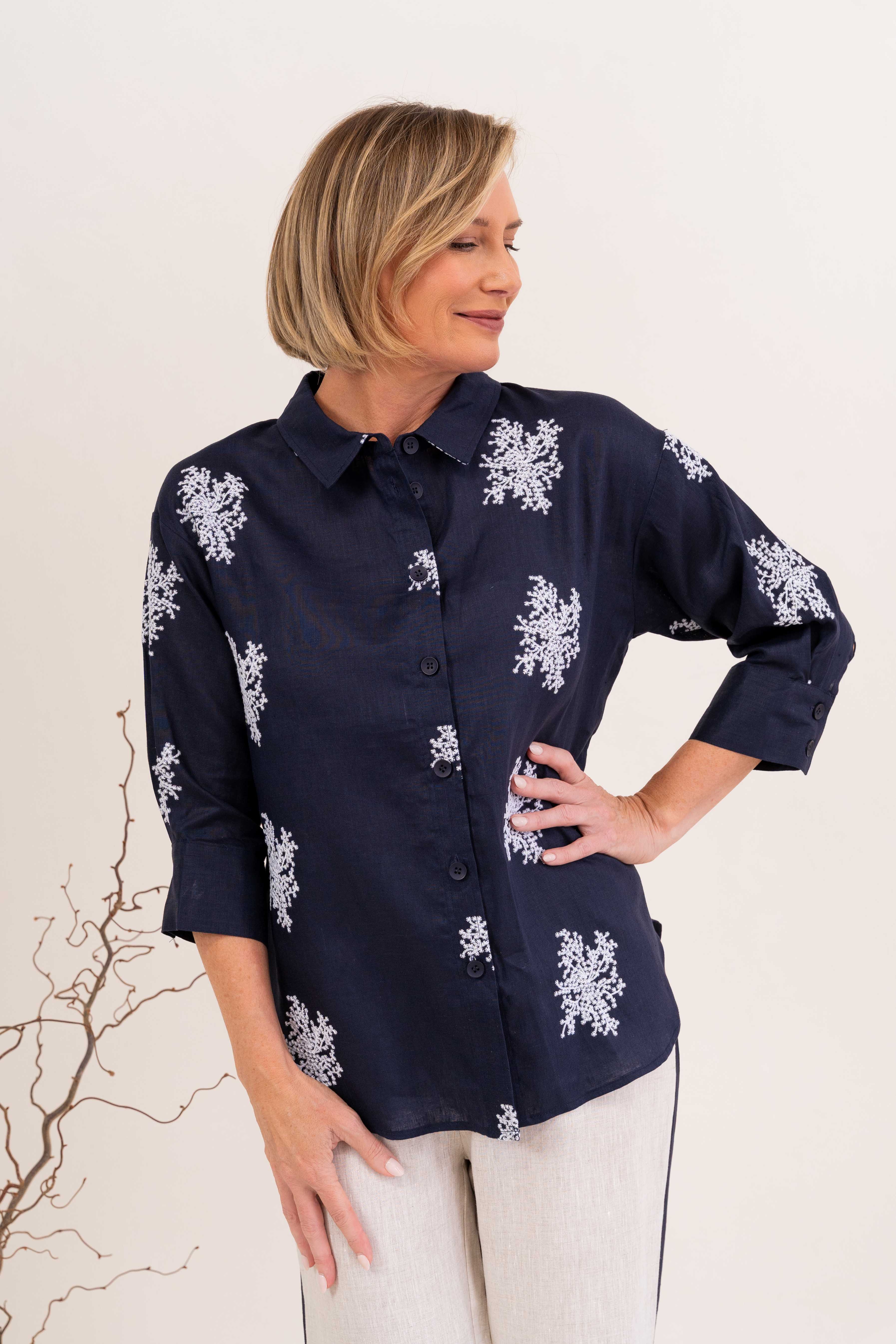 See Saw 3/4 Sleeve Shirt - Navy/White Blossom