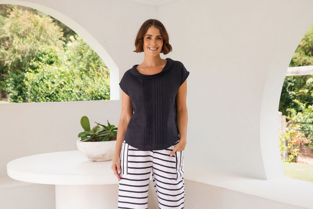 See Saw Pleat Front Cowl Neck Top - Navy