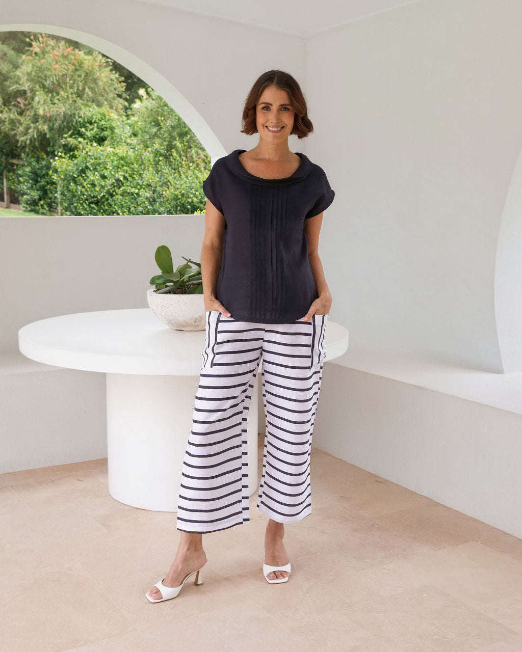 See Saw Pleat Front Cowl Neck Top - Navy