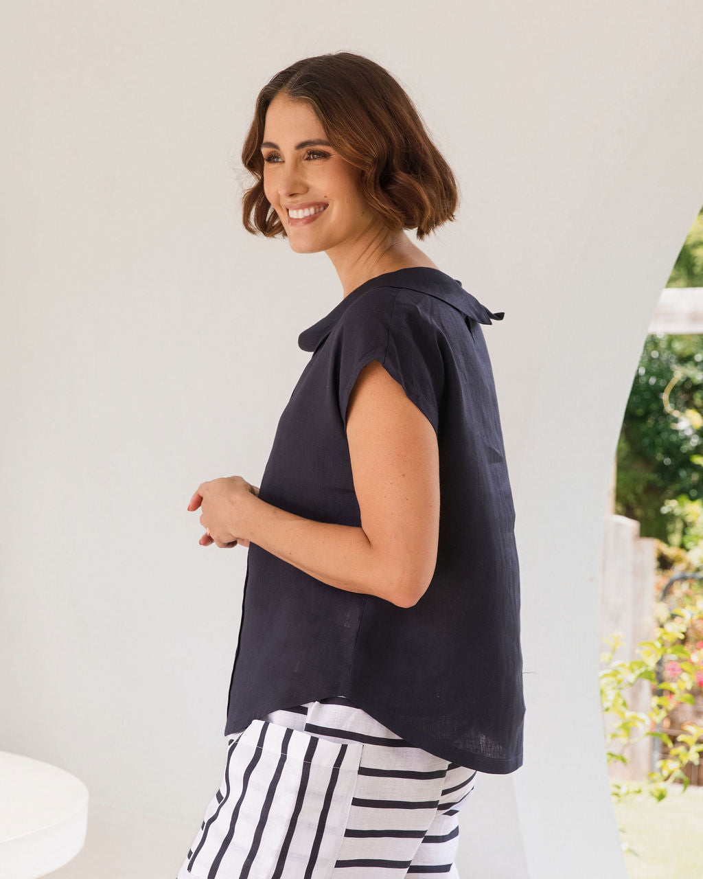 See Saw Pleat Front Cowl Neck Top - Navy