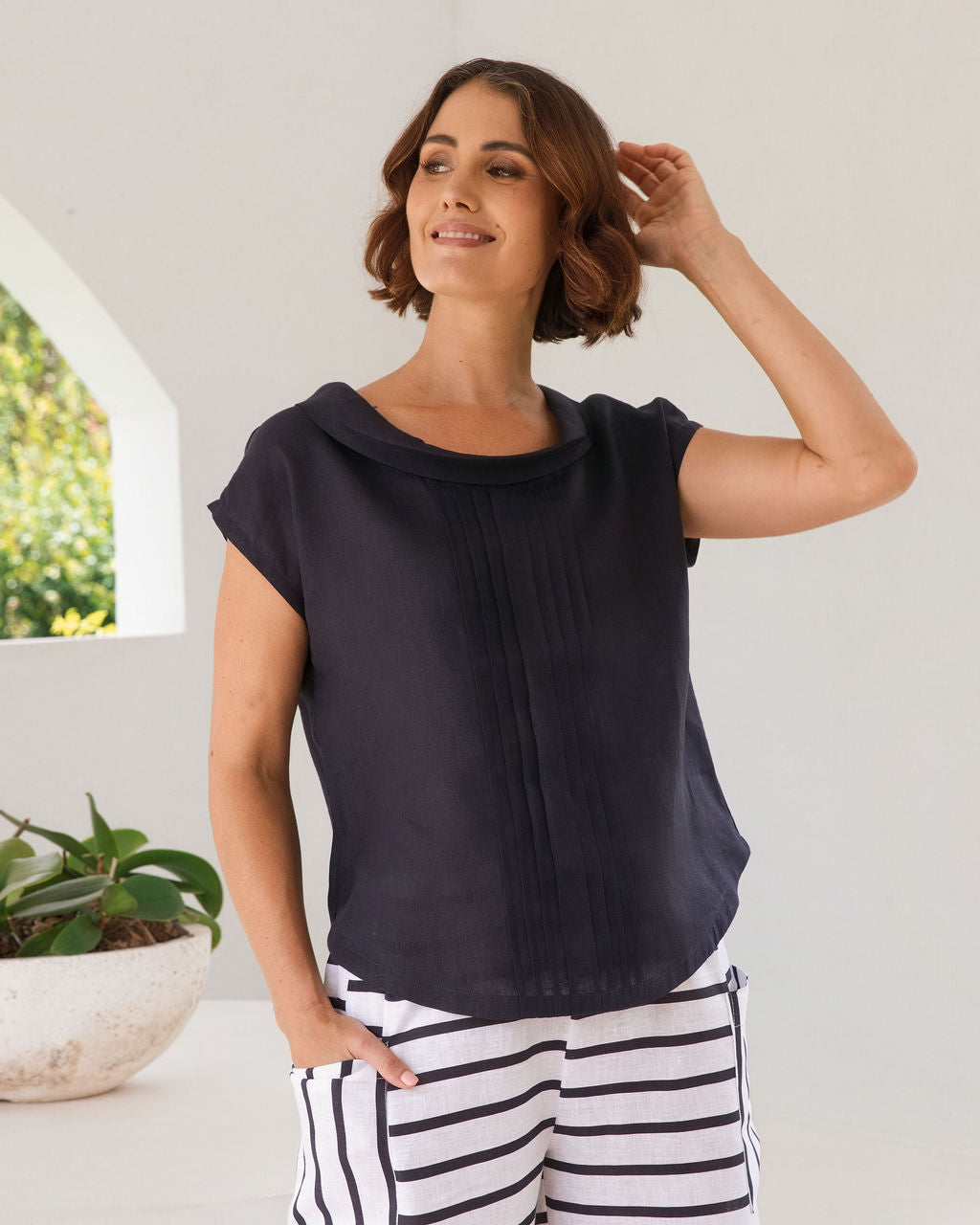 See Saw Pleat Front Cowl Neck Top - Navy