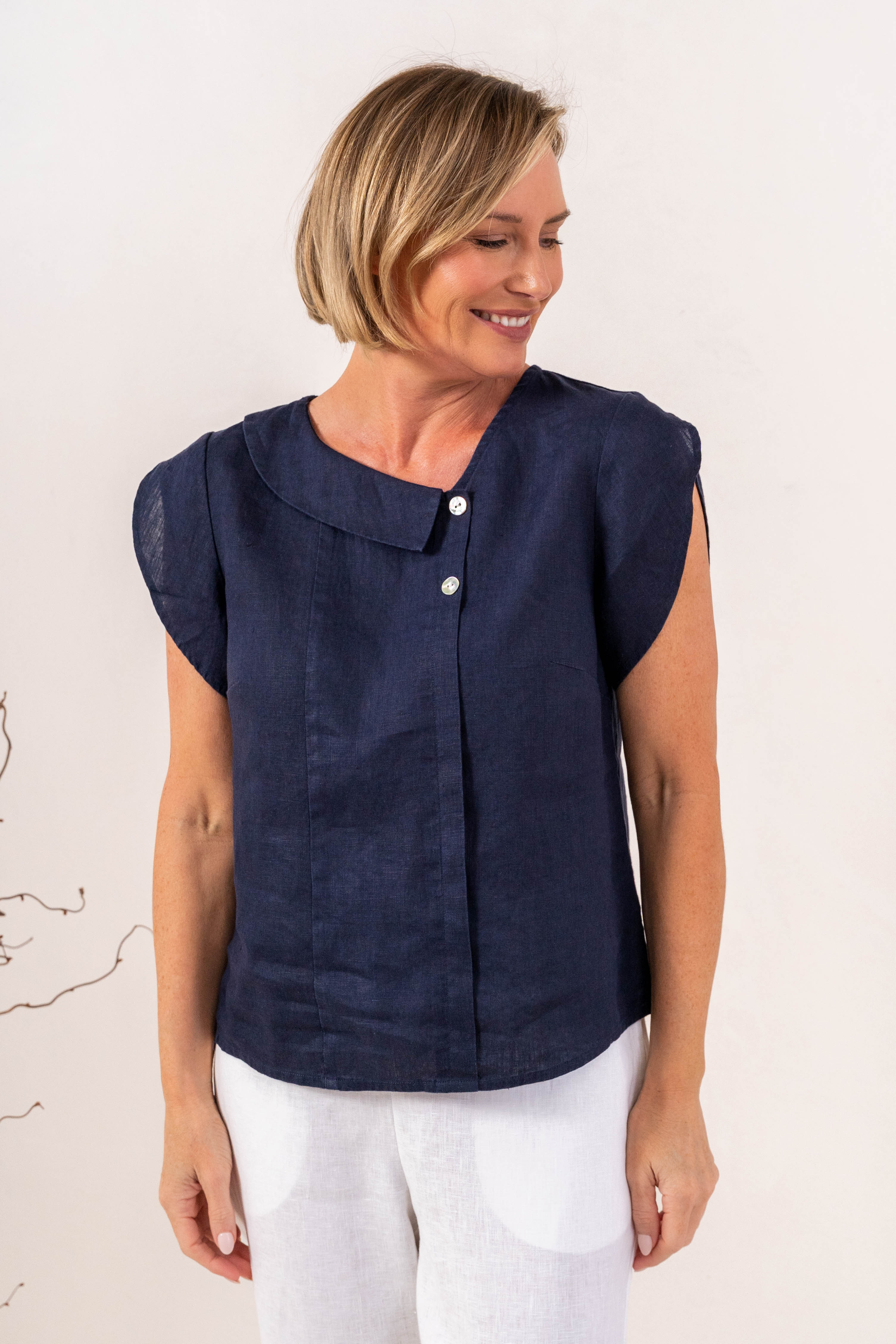 See Saw Sleeveless 2 Button Cowl Neck Top - Navy