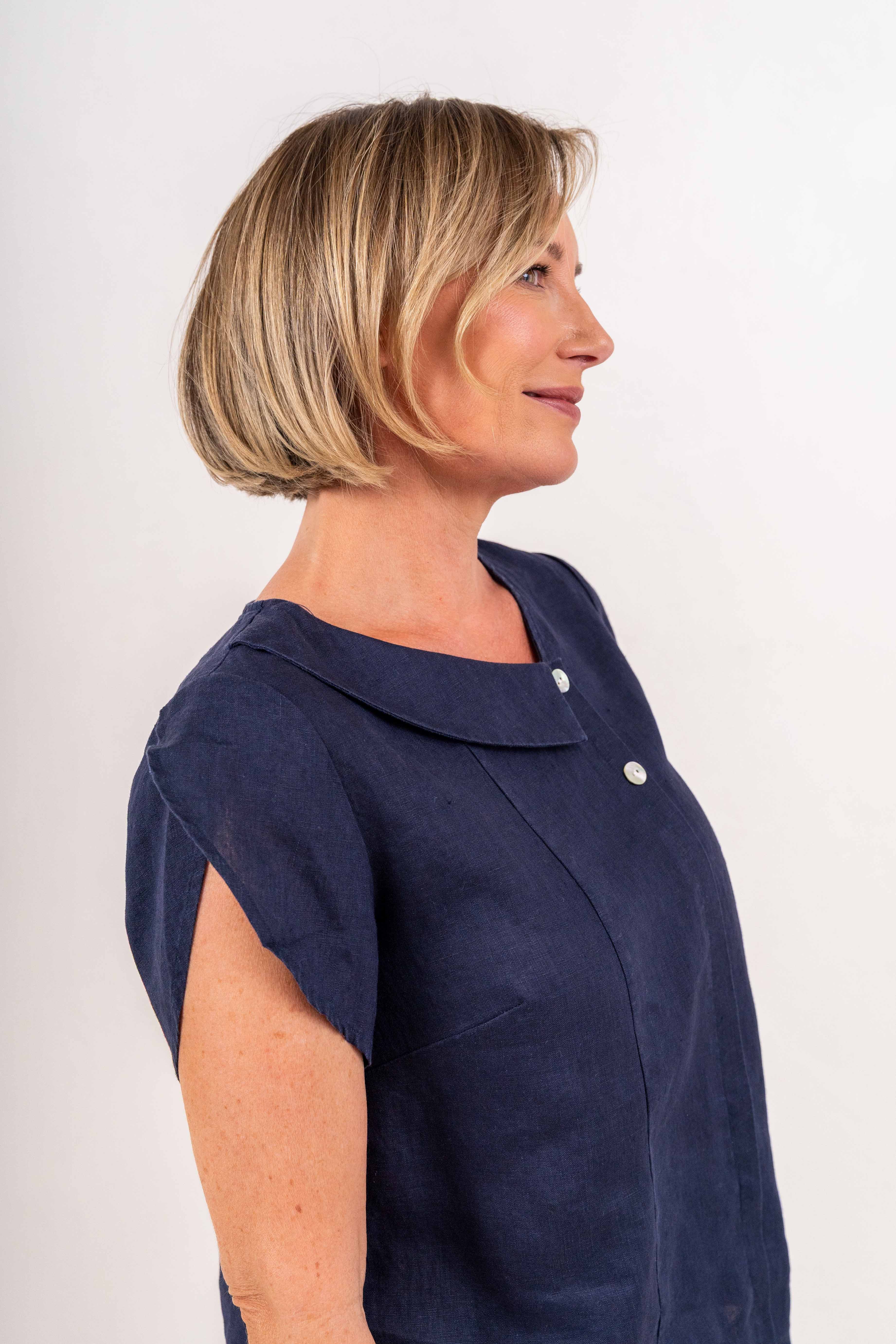 See Saw Sleeveless 2 Button Cowl Neck Top - Navy