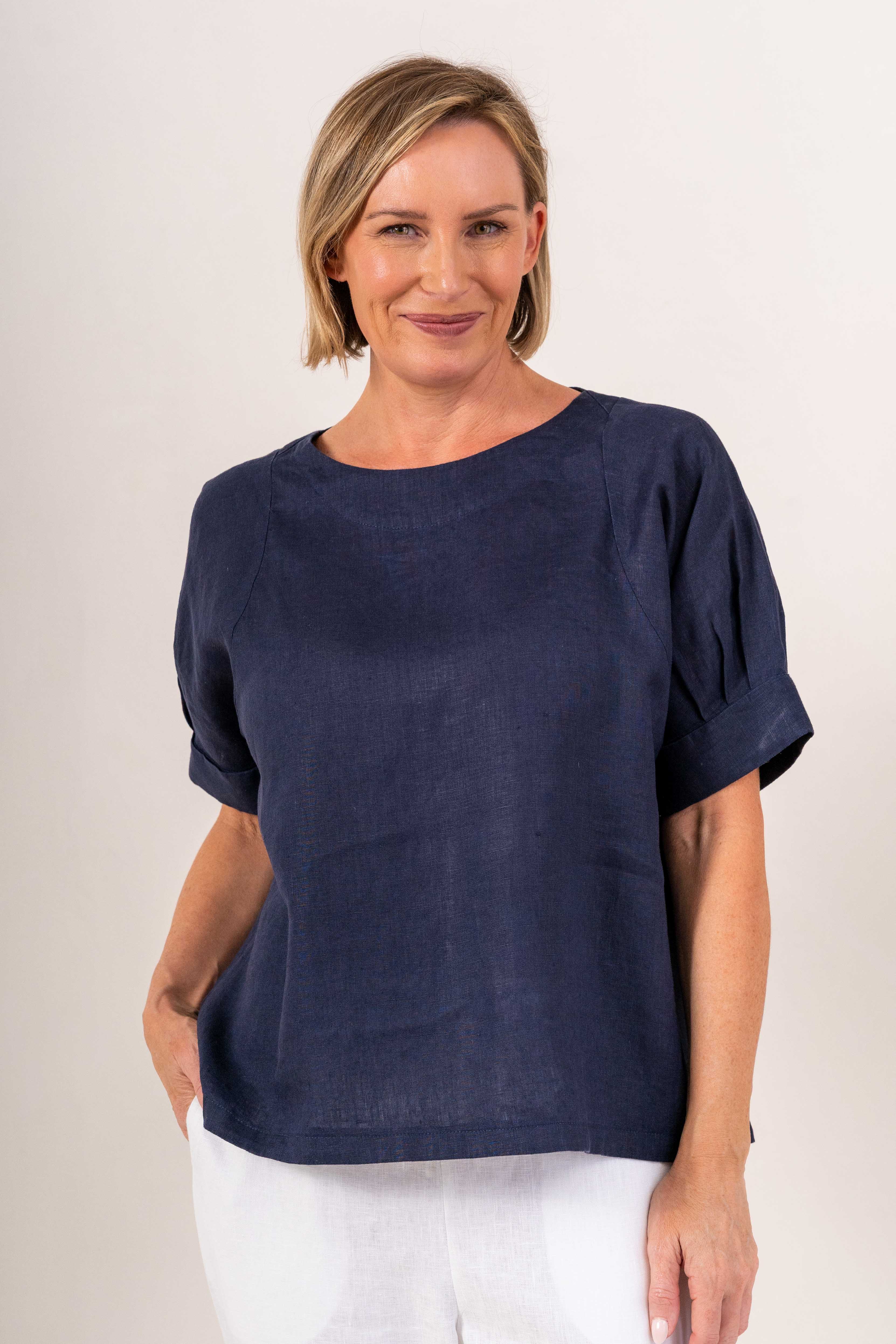 See Saw Cuff Sleeve A Line Top - Navy