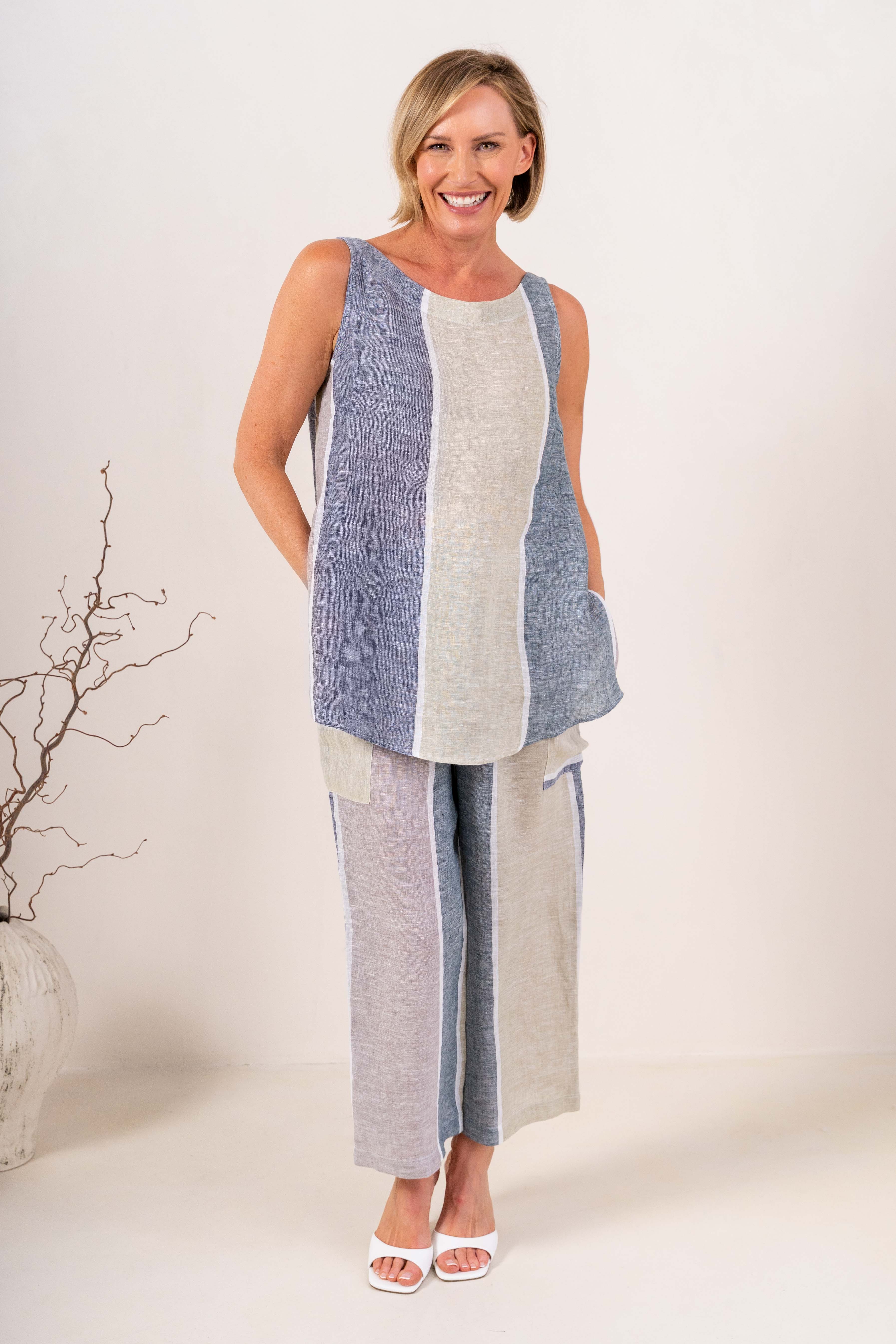 See Saw Elastic Waist 2 Packet Pant - Sage/Sea Stripe