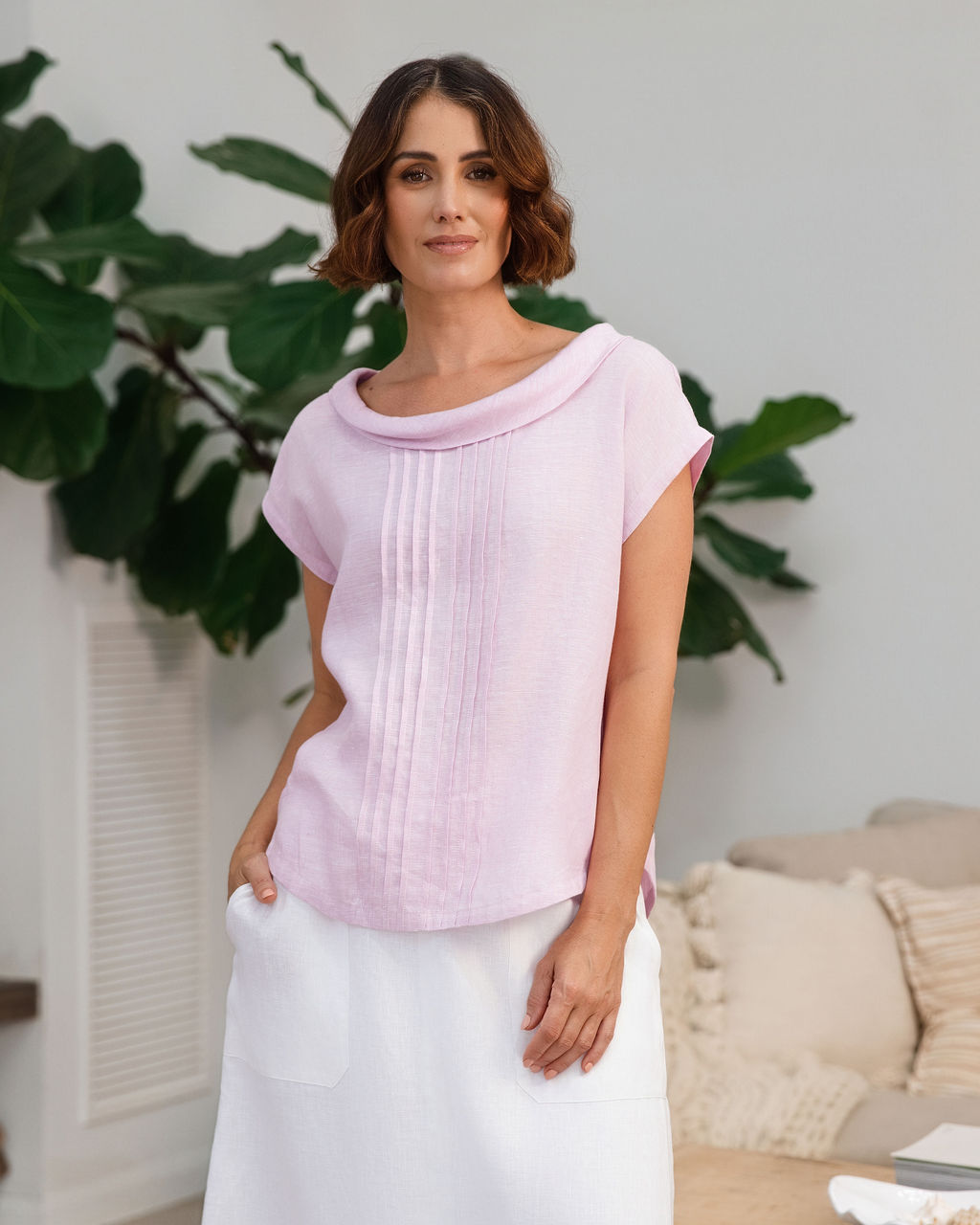 See Saw Pleat Front Cowl Neck Top - Pink