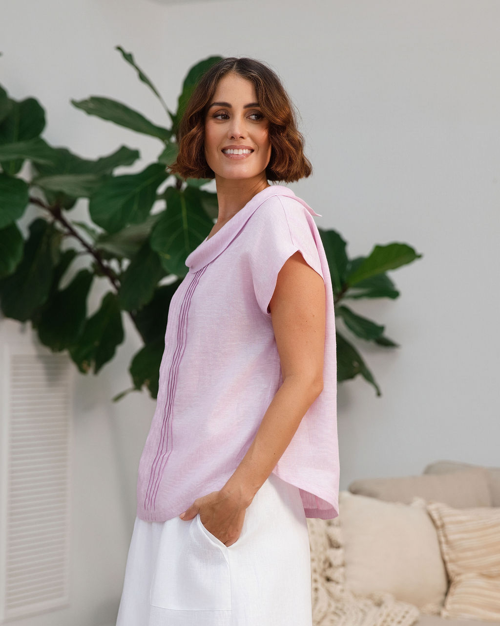 See Saw Pleat Front Cowl Neck Top - Pink