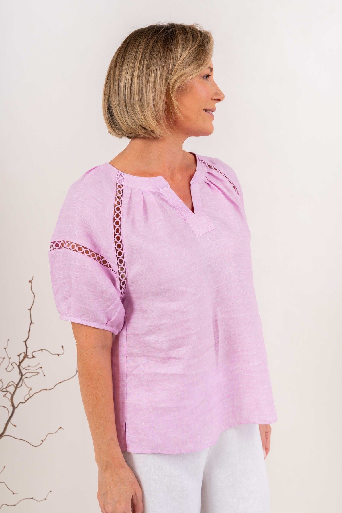 See Saw Short Sleeve Lace Trim Top - Pink