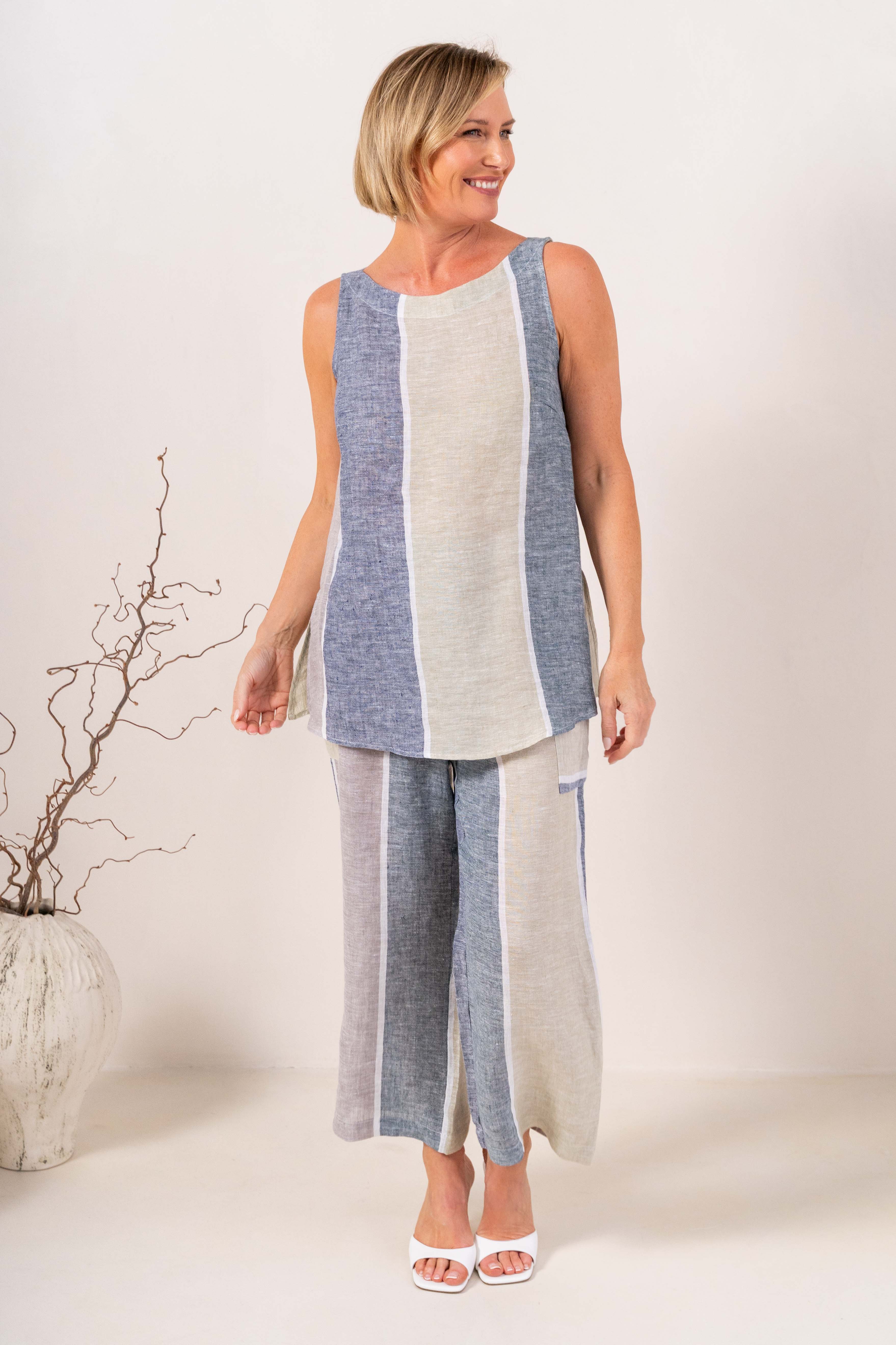 See Saw Elastic Waist 2 Packet Pant - Sage/Sea Stripe