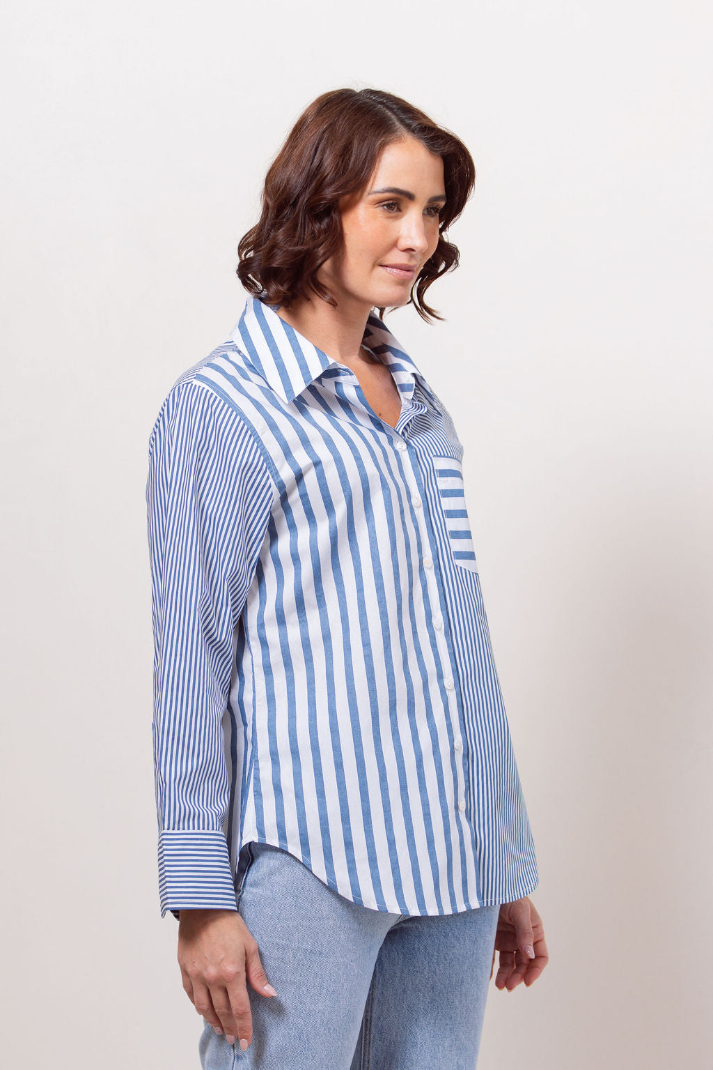 See Saw Stripe Long Sleeve Two Way Shirt - Denim/White