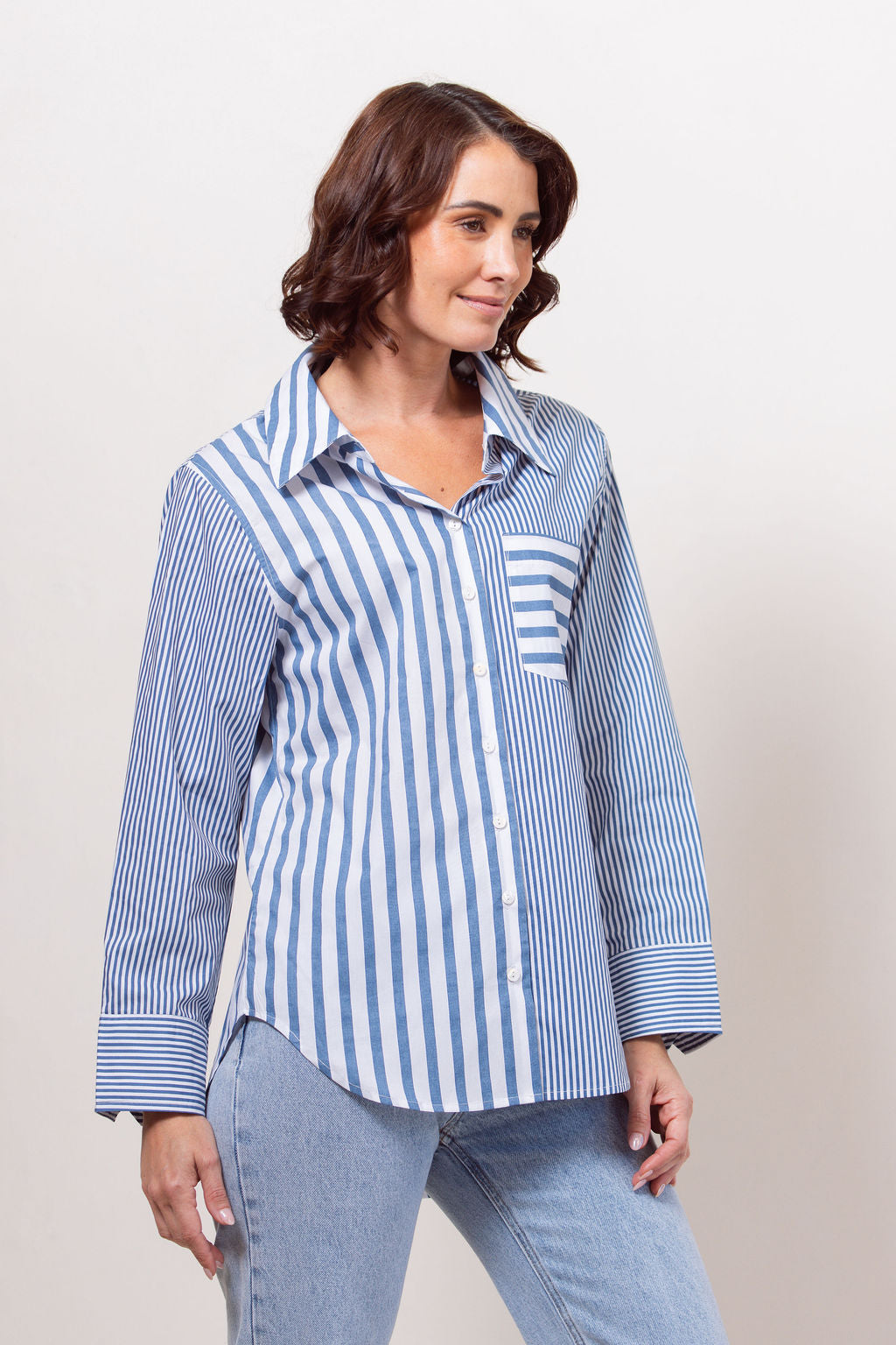 See Saw Stripe Long Sleeve Two Way Shirt - Denim/White