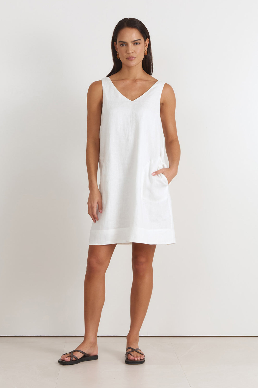 Adorne Simone V Neck Linen Short Dress - White