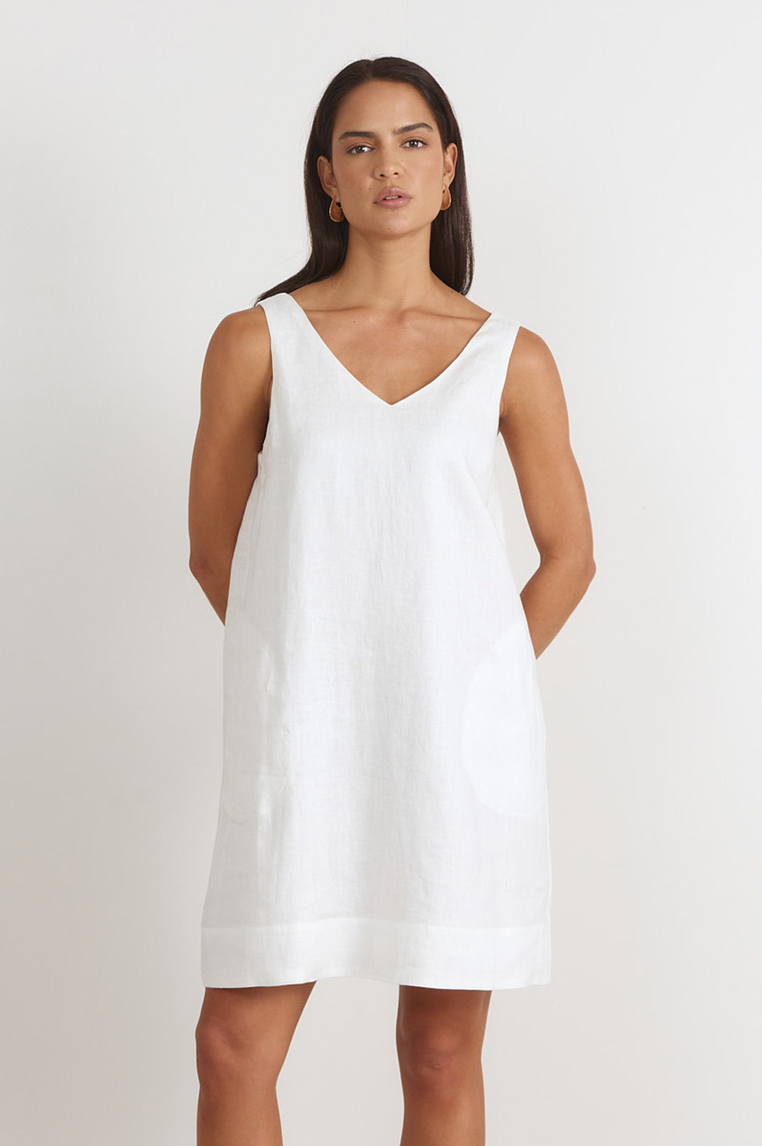 Adorne Simone V Neck Linen Short Dress - White