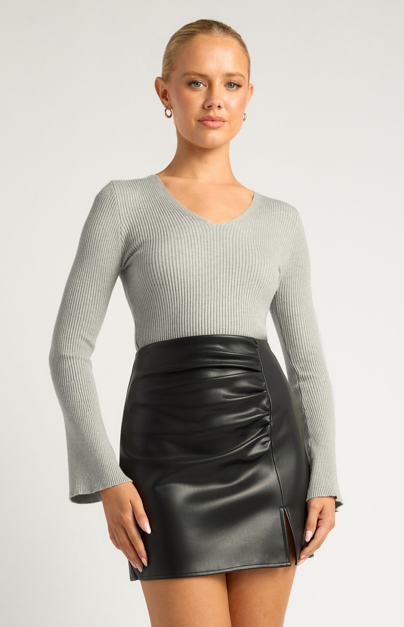 Style State V Neckline Flare Sleeves - Grey Marle