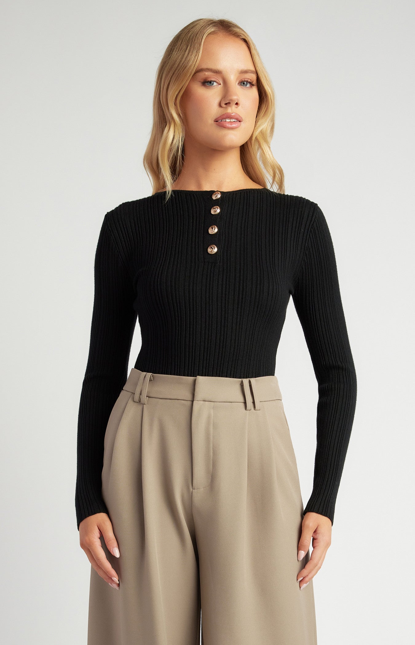 Style State Embossed Gold Button Textured Rib Knit Bodysuit - Black