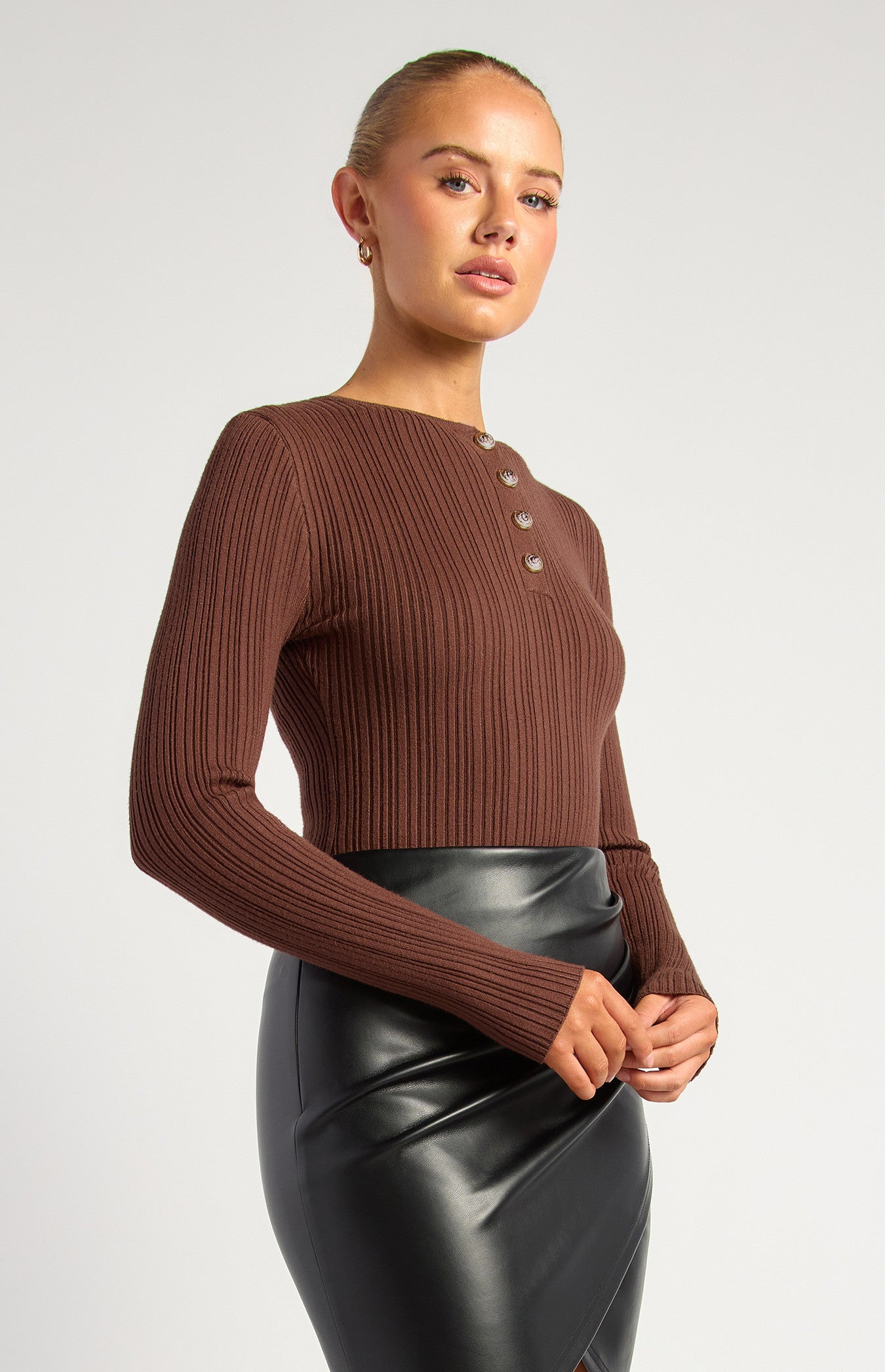 Style State Embossed Gold Button Textured Rib Knit Bodysuit - Chocolate