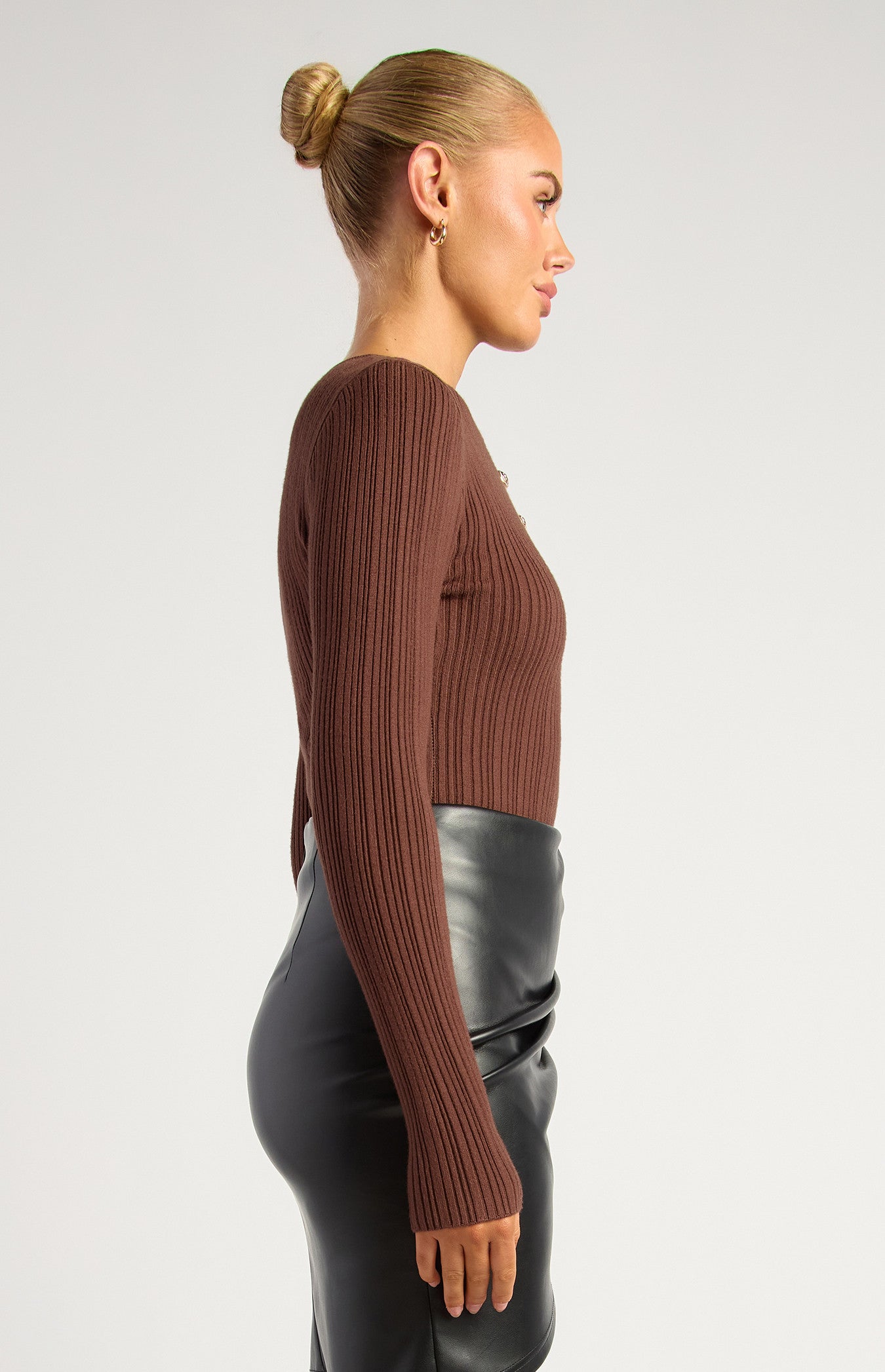 Style State Embossed Gold Button Textured Rib Knit Bodysuit - Chocolate