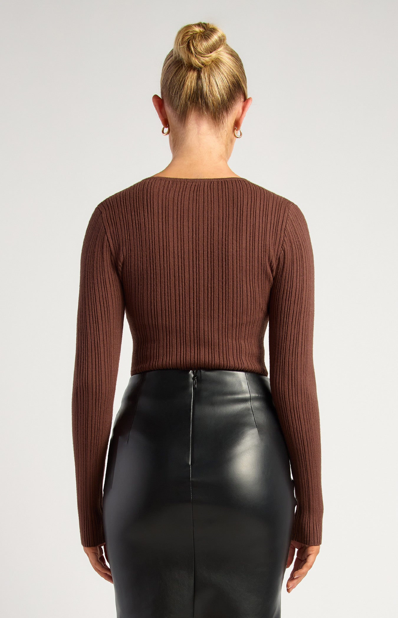 Style State Embossed Gold Button Textured Rib Knit Bodysuit - Chocolate