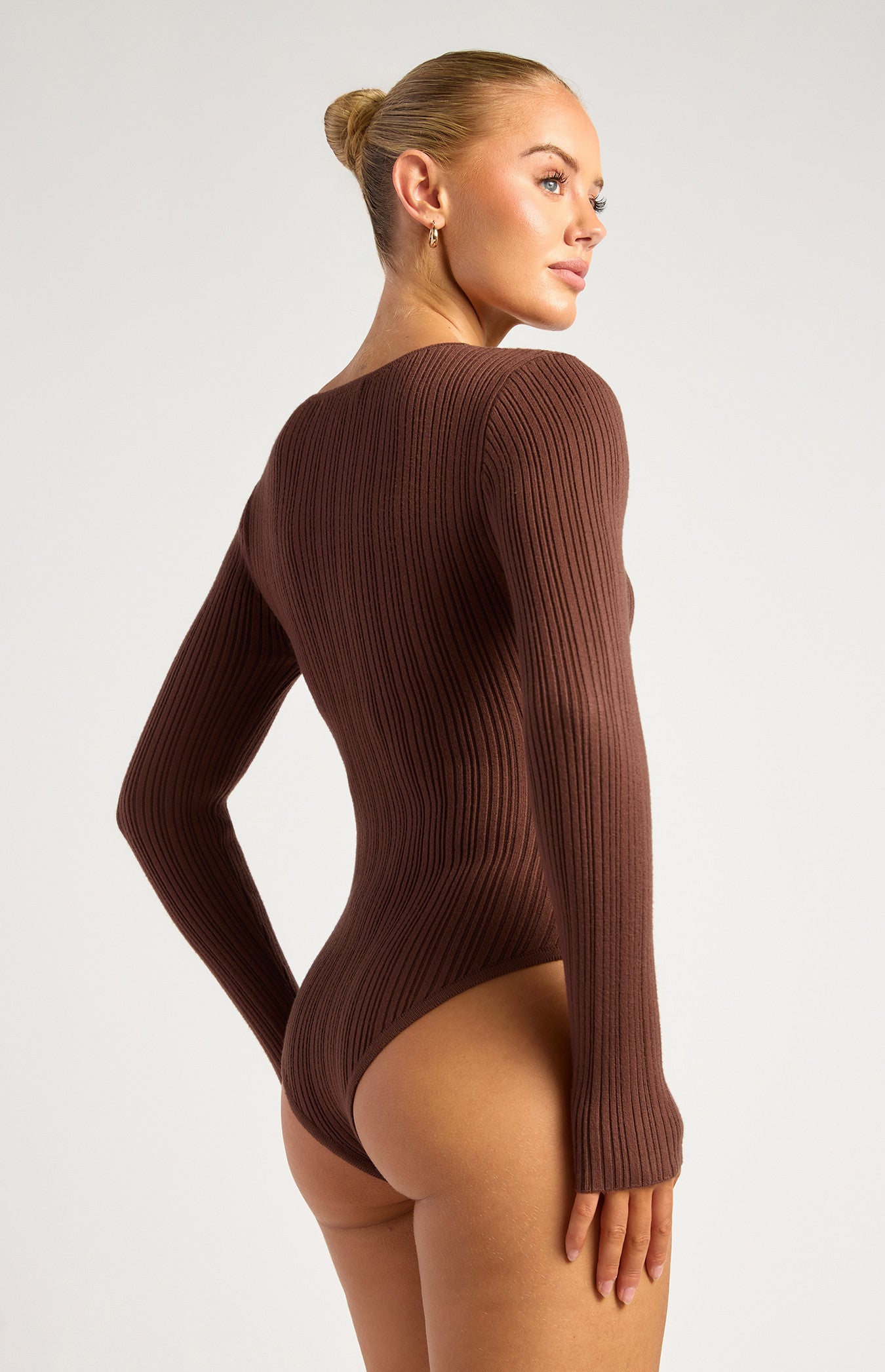 Style State Embossed Gold Button Textured Rib Knit Bodysuit - Chocolate