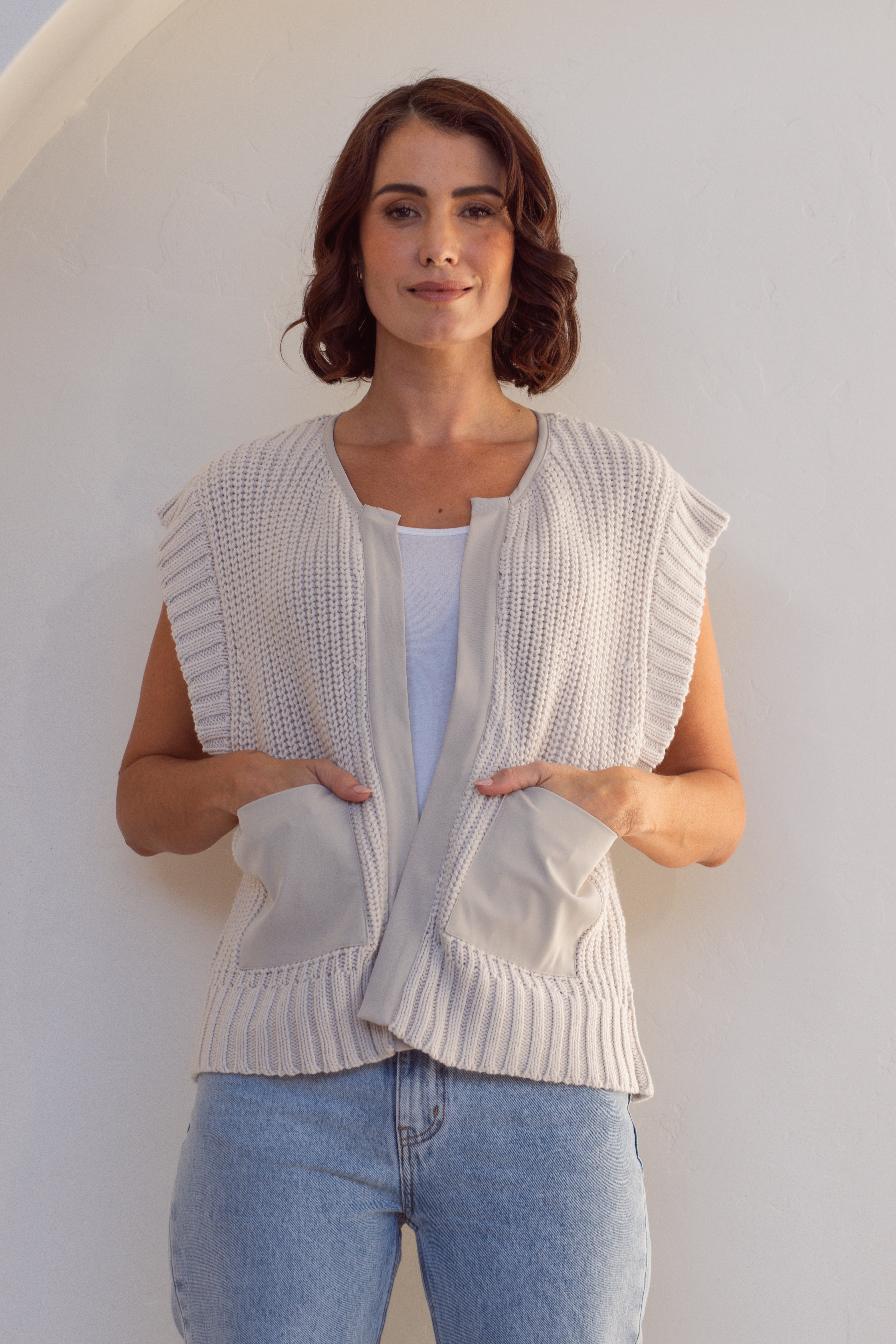 See Saw Woven Trim Knit Vest - Stone