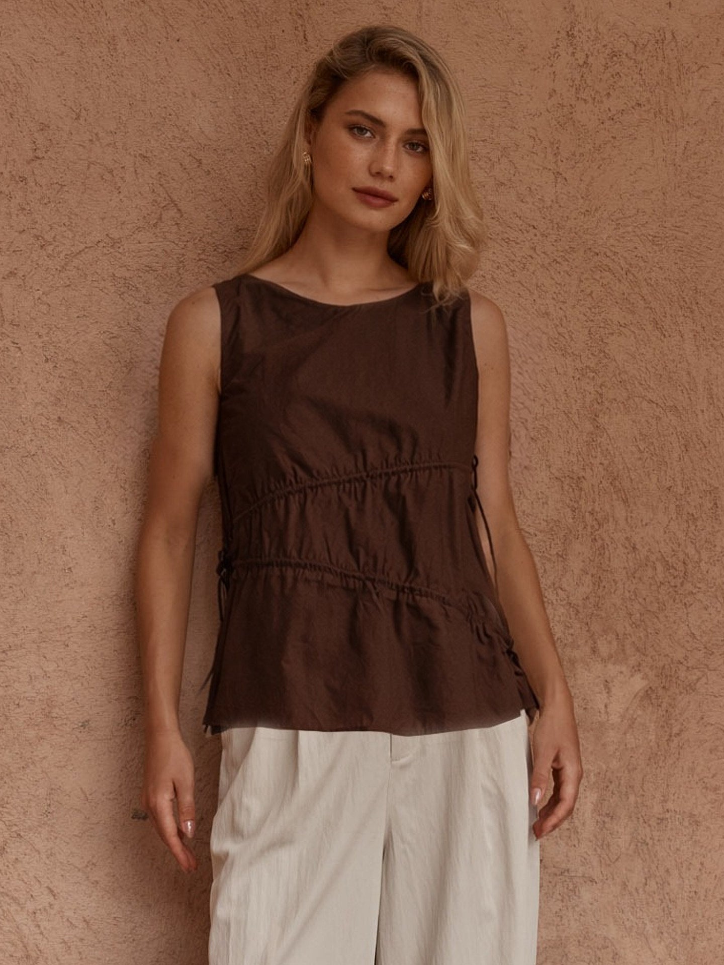 Sass Elin Gathered Tie Top - Choc