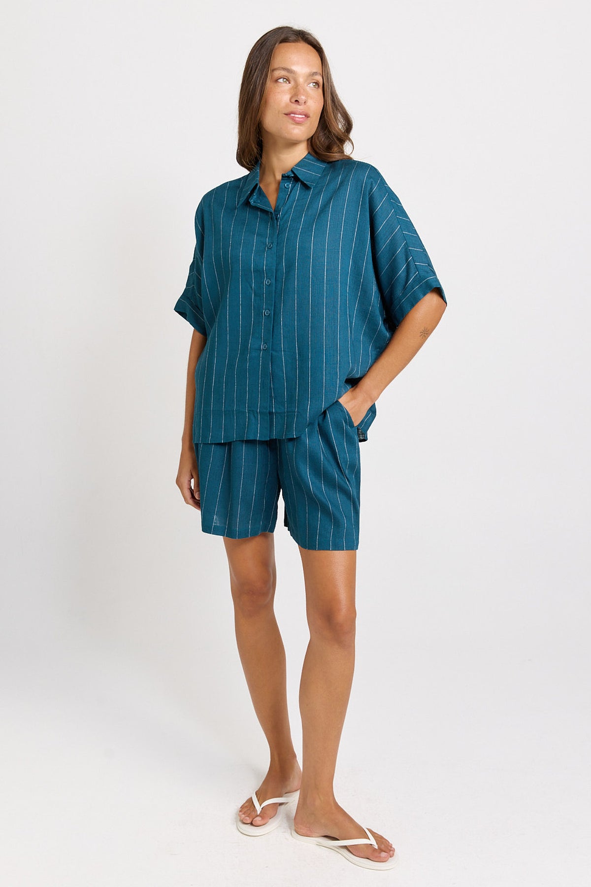 Betty Basics Ophelia Shirt - Teal/White Stripe