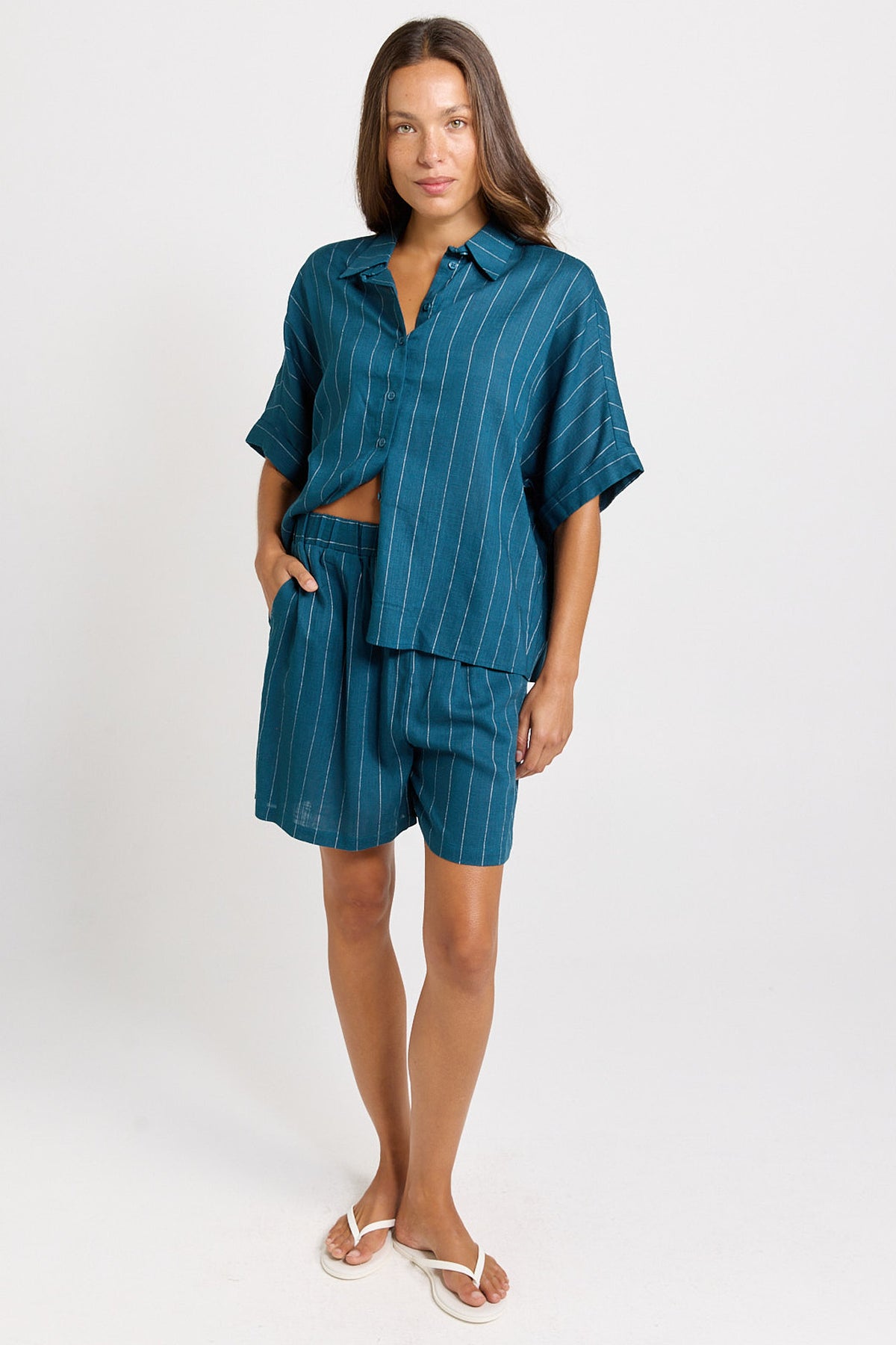 Betty Basics Palm Relax Shorts - Teal/White Stripe