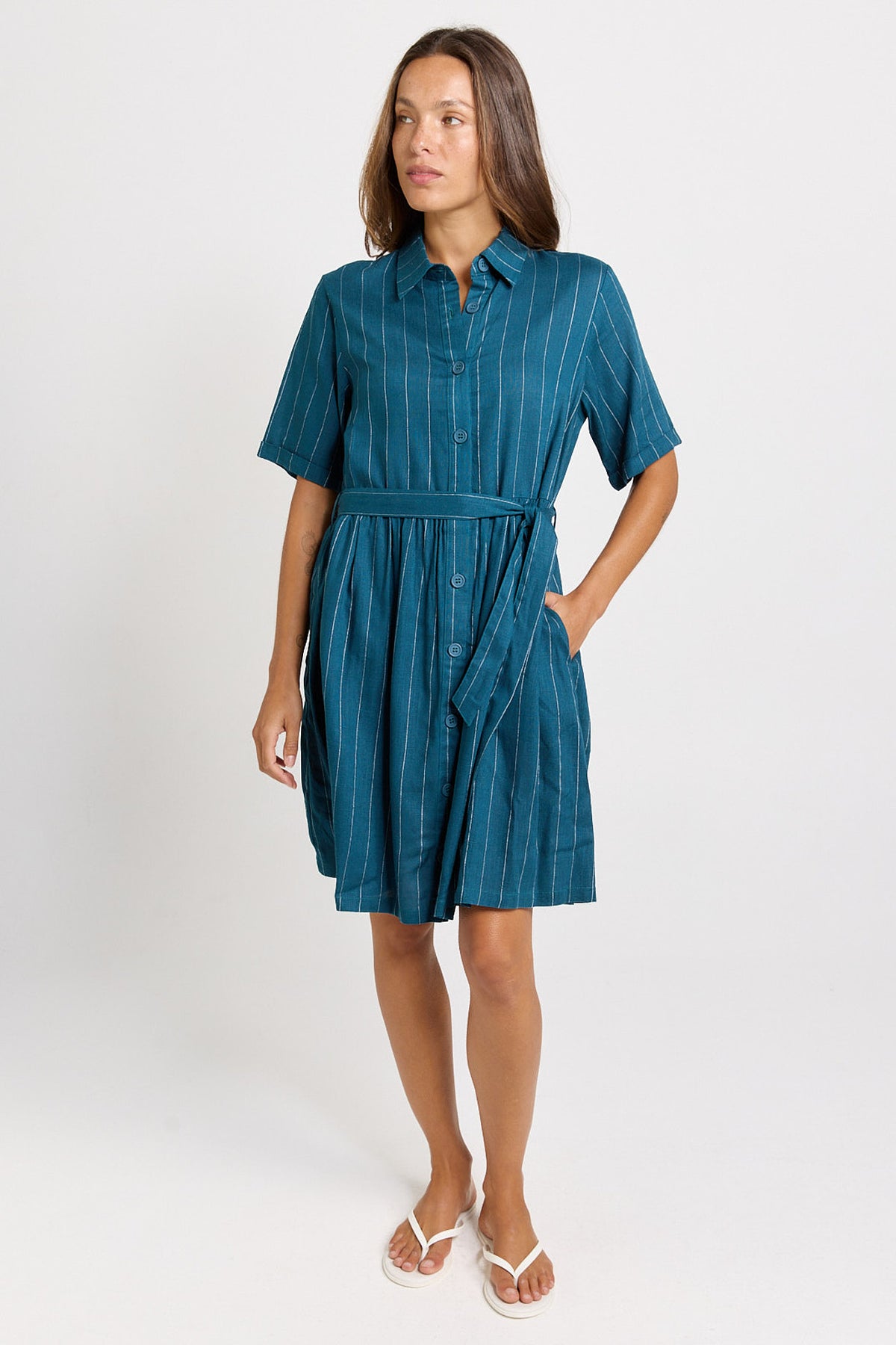 Betty Basics Palm Shirt Dress - Teal/White Stripe