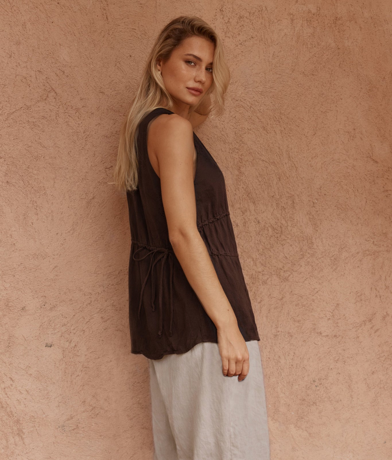 Sass Elin Gathered Tie Top - Choc