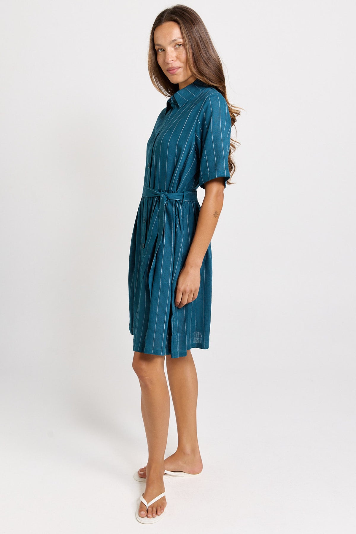 Betty Basics Palm Shirt Dress - Teal/White Stripe