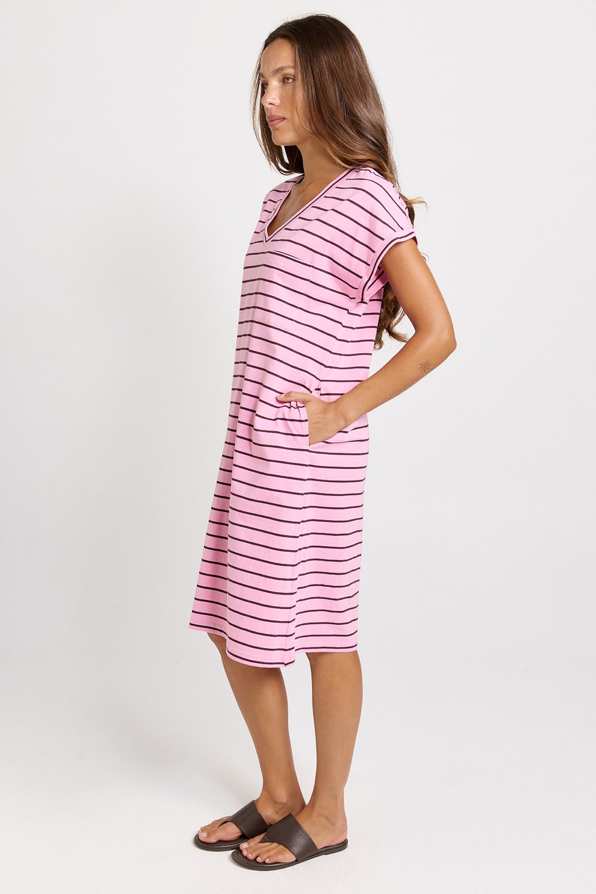 Betty Basics Zena T-Shirt Dress - Pink/Chocolate Stripe