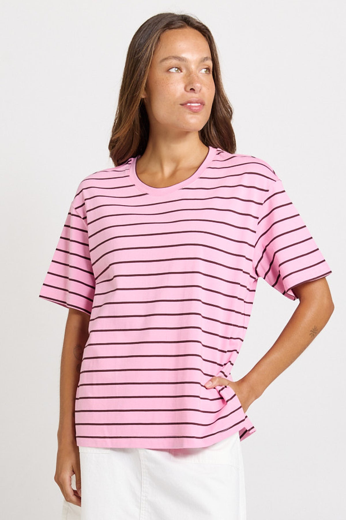 Betty Basics Relax Boxy Tee - Pink/Chocolate Stripe