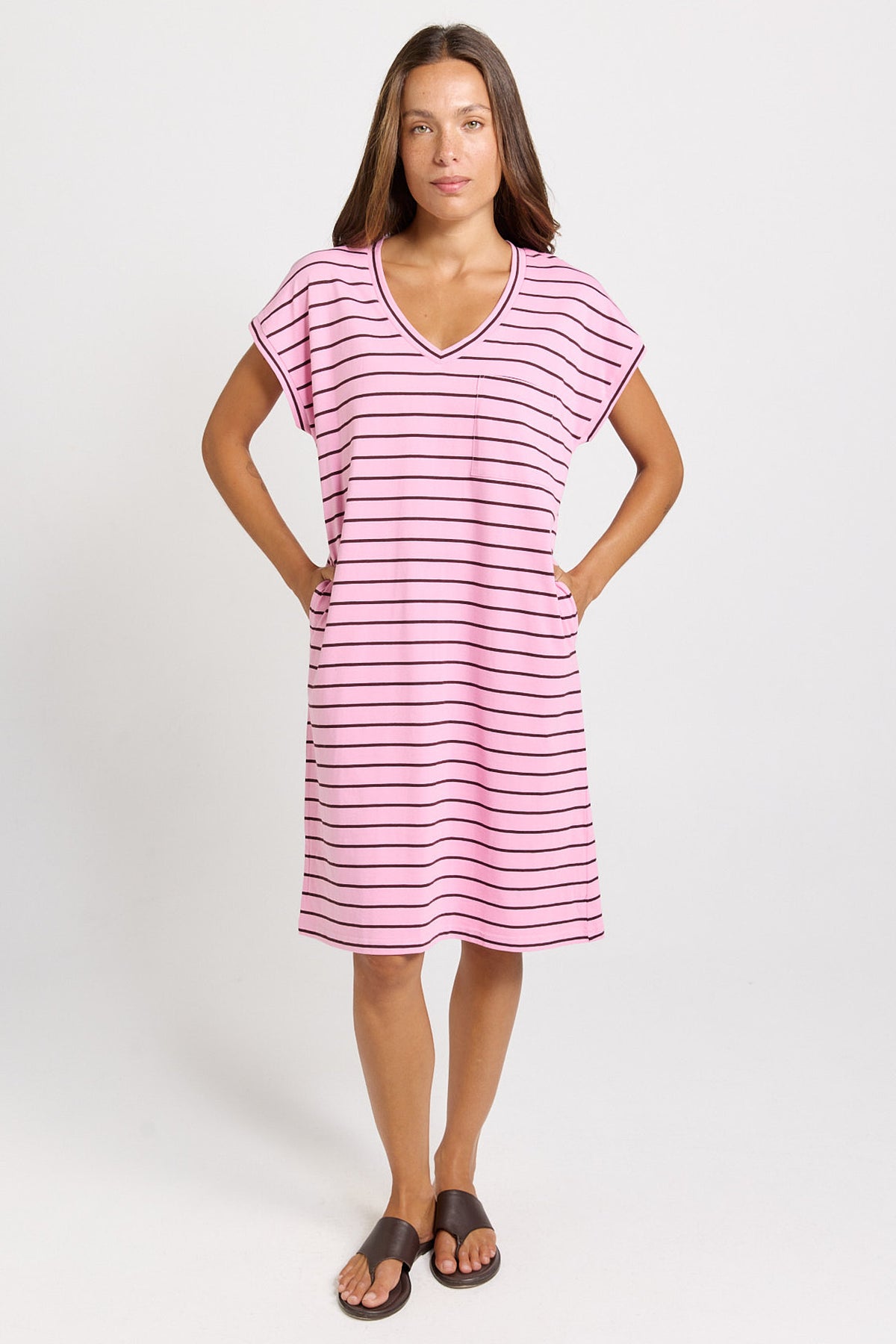 Betty Basics Zena T-Shirt Dress - Pink/Chocolate Stripe