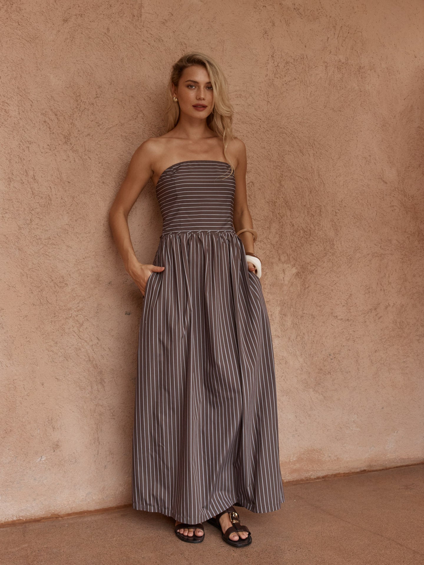 Sass Everley Strapless Dress - Choc Stripe