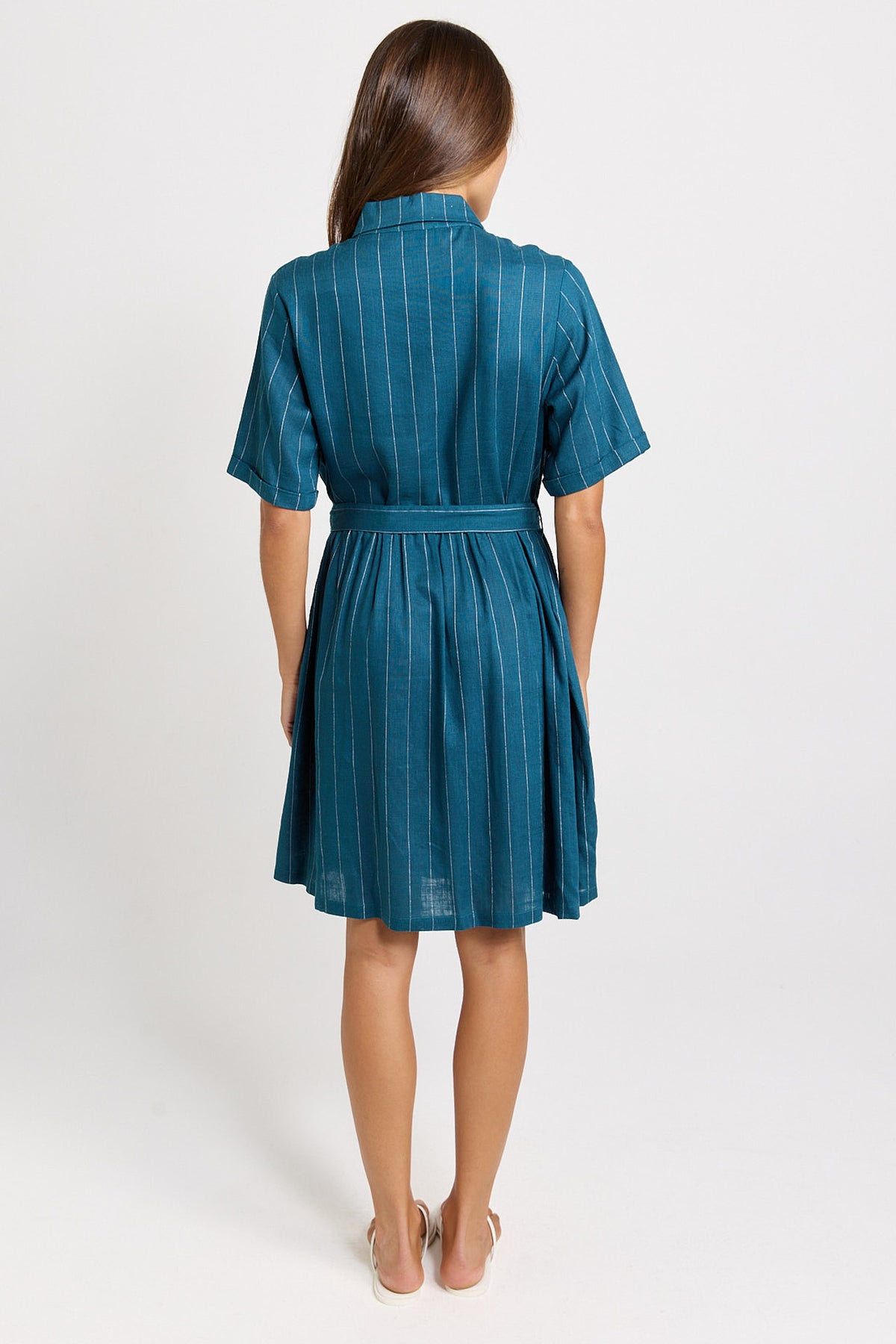 Betty Basics Palm Shirt Dress - Teal/White Stripe