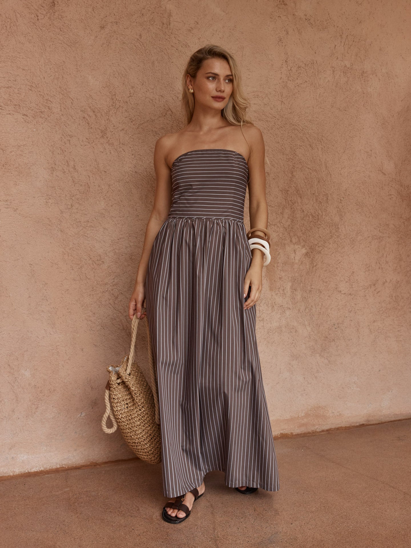 Sass Everley Strapless Dress - Choc Stripe