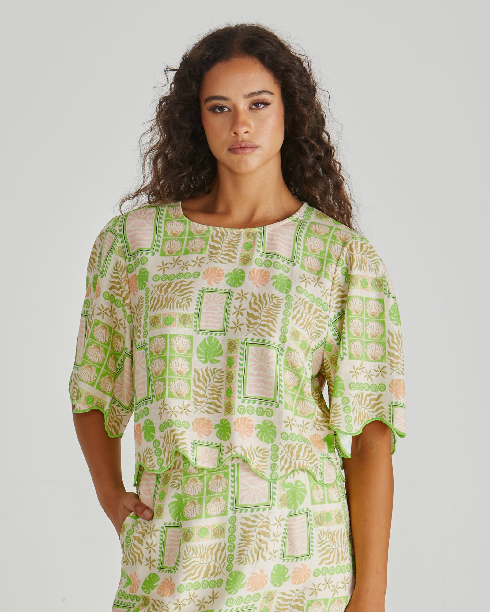 Sass Emmett Shell Scallop Top - Green Shell Patchwork