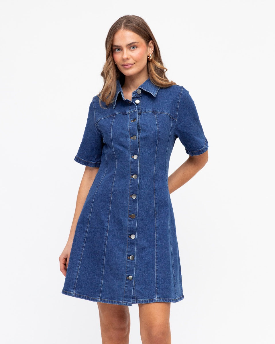 Ebby & I Denim Mini Dress - Mid Blue