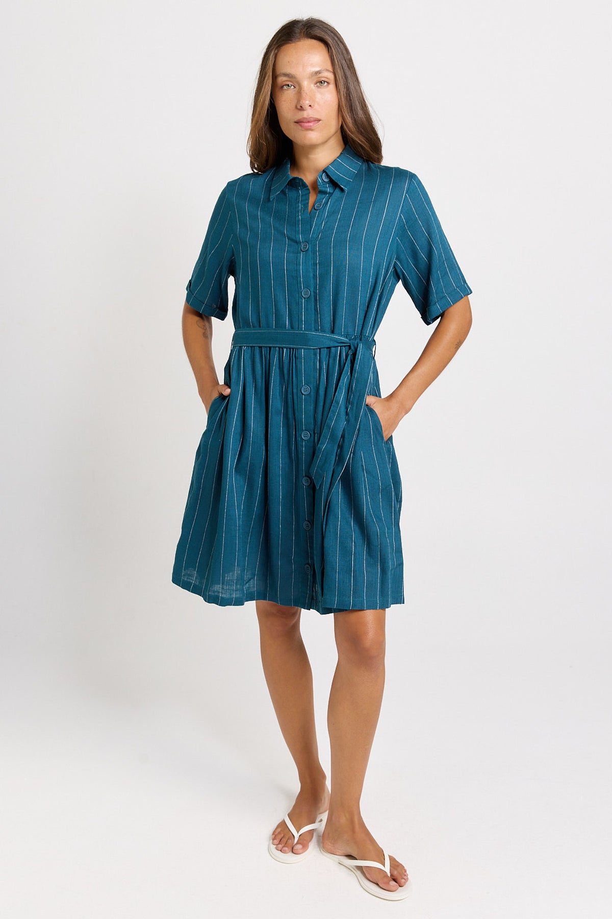 Betty Basics Palm Shirt Dress - Teal/White Stripe